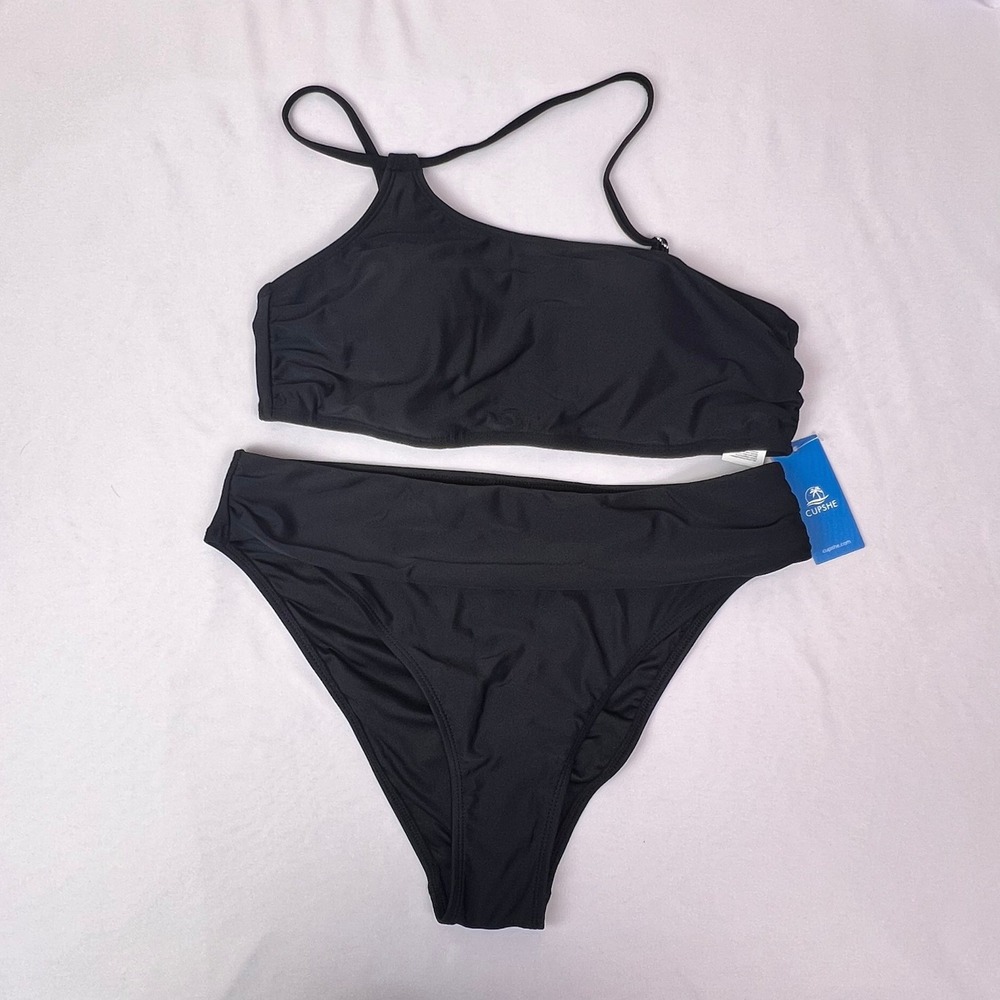 Cupshe Womens Black One Shoulder High Waisted Bikini Set Large NWT